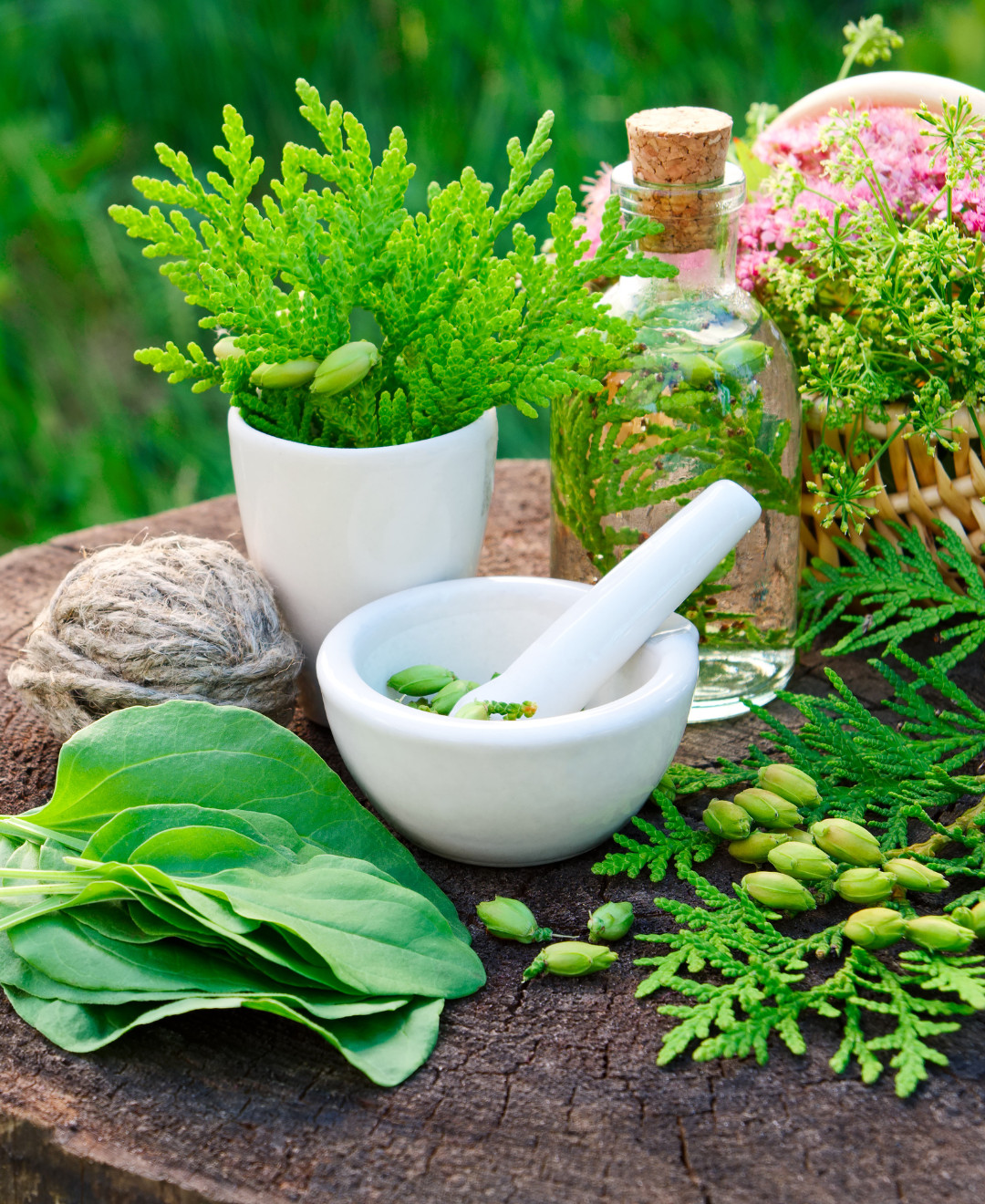 Homeopathy image with leaves, herbs, mortar and pestle